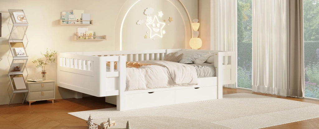 Letto a piattaforma per bambini 90x200 cm con sponde alte protettive e due ampi cassetti, bianco