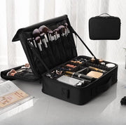 Borsa di trasporto per artisti con regolabili divisori per cosmetici, pennelli per make-up, articoli da toeletta, gioielli, borsa di trasporto cosmetica di medie dimensioni in tessuto nero doppio strato.