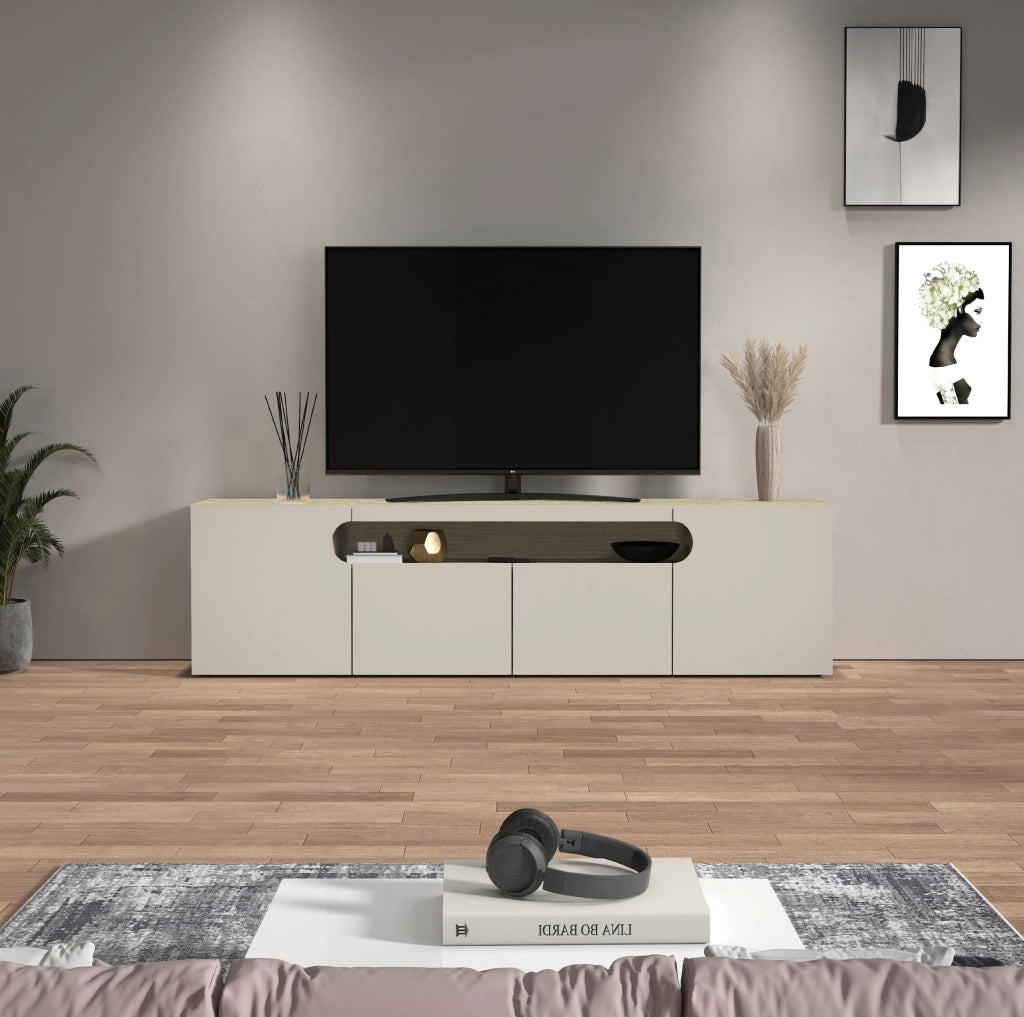 WHOUS Mobile porta TV Real con 4 ante e 1 vano aperto cashmere e rovere chiaro 200x40x60 cm