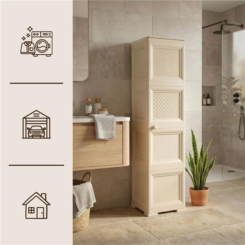 MOBILE ORGANIZZATORE BAGNO 4 MODULI ANGORA 40X43X164 CM CON 2 ANTE TRAFORATE E 2 ANTE EFFETTO LEGNO – MOBILE CONTENITORE VERTICALE SALVASPAZIO