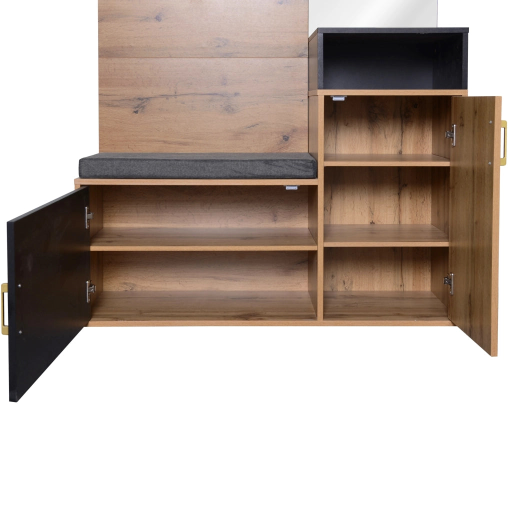 OKWISH Mobile da Ingresso con Specchio, Panca Scarpiera, 4 Ganci e Appendiabiti, 2 Vani, 105×40×191.5 cm