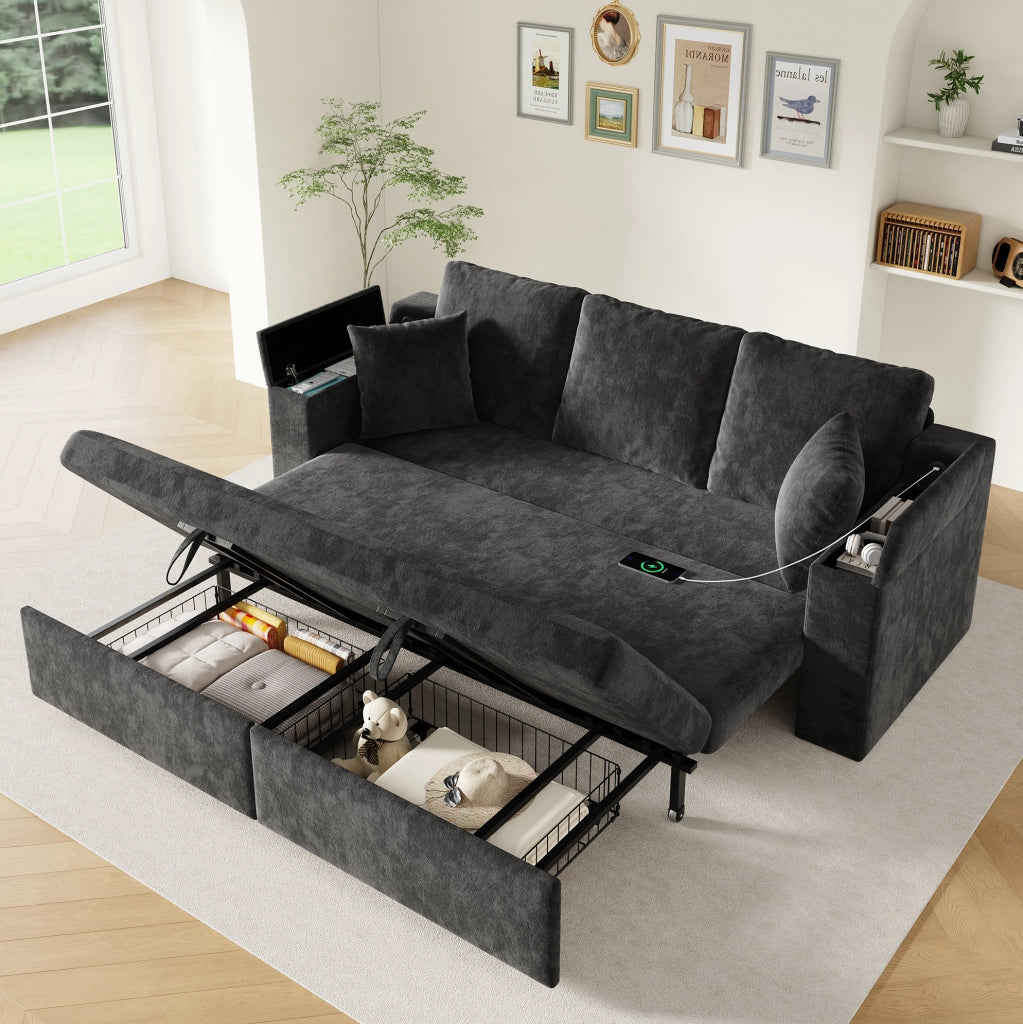 Divano letto 3 posti trasformabile in chenille grigio con struttura in metallo e porta USB