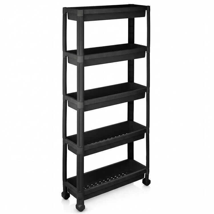 Carrello slim salvaspazio in plastica con ruote scorrevoli, Organizzatore mobile portaoggetti multifunzionale per bagno cucina e lavanderia Nero