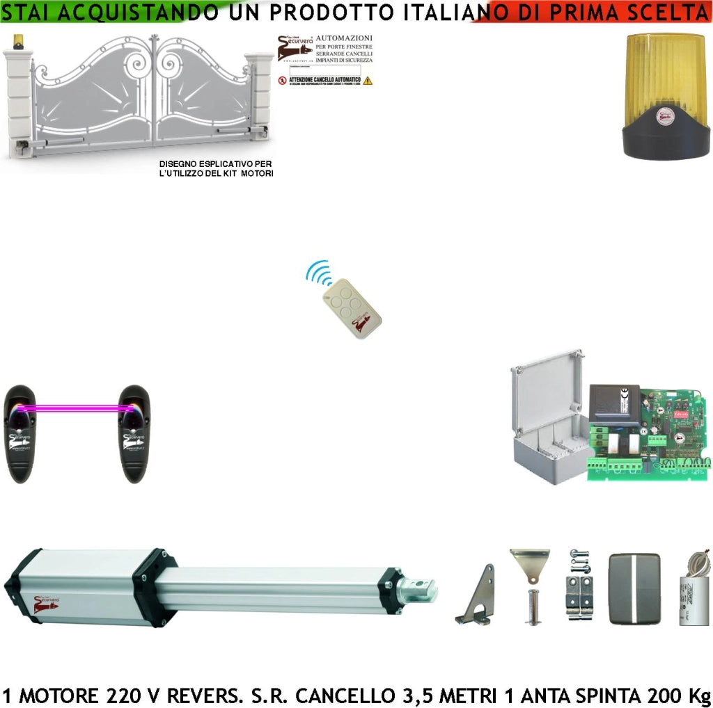 Automazione Kit Base Ricambio Per Cancello Elettrico Con Anta da 3,5 Metri Motore Elettromeccanico 230 V Stelo Retrattile Reversibile Corsa 600 mm Spinta 250 Kg Centrale Radiocomando Fotocellule Faro