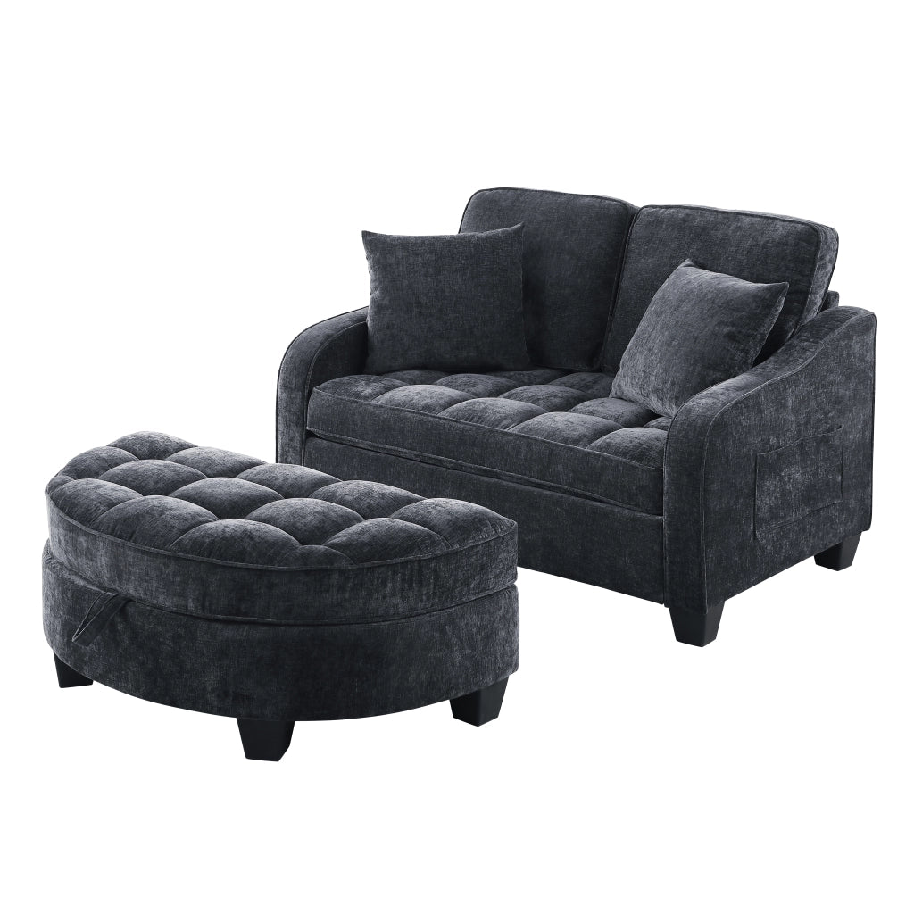 Divano letto convertibile con pouf contenitore e chaise longue; in tessuto; legno di eucalipto; nero; 132 Ã— 129 Ã— 93 cm
