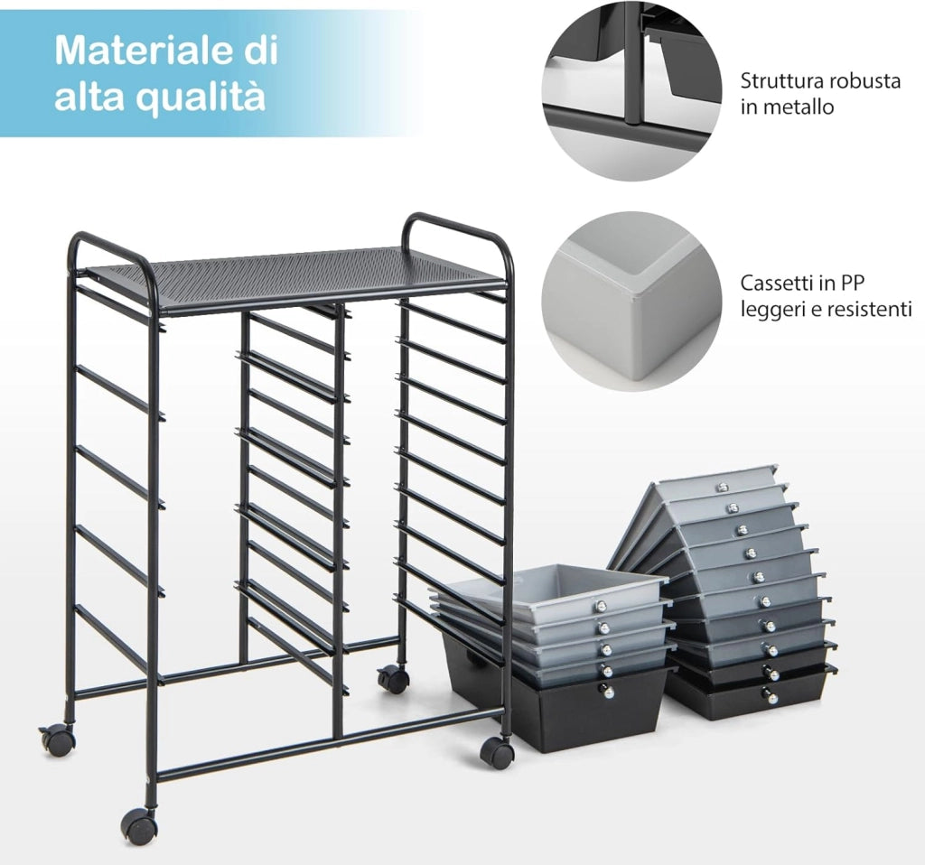 Carrello con 15 Cassetti Impilabili, Carrello di Stoccaggio con Ruote, Carello Portaoggetti per Casa e Ufficio, 63 x 37 x 87 cm (Nero 2)