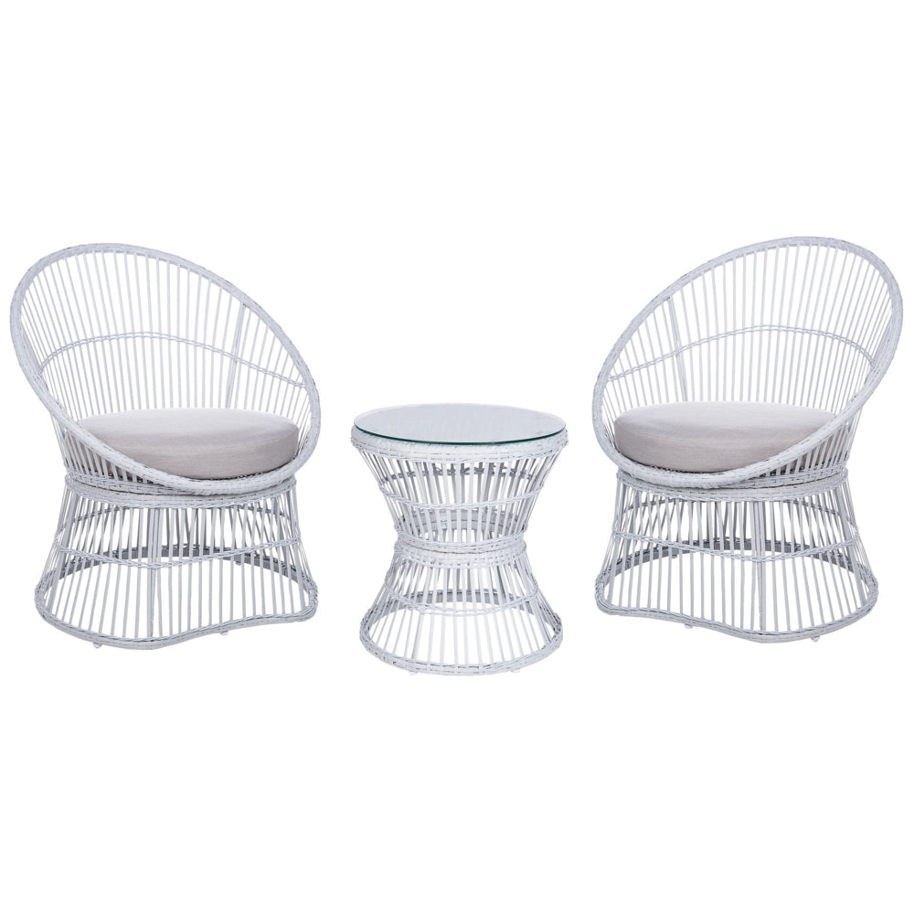 Set di bistrot tavolo e 2 sedie in rattan e vetro temperato bianco sporco balcone terrazzo giardino esterno