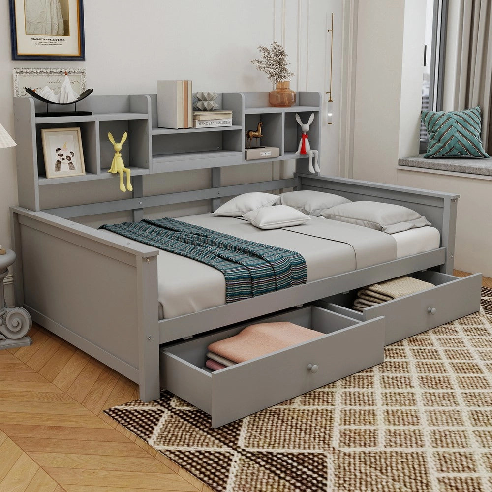 Letto Singolo a Soppalco con Cassetti e Scaffali ¨C Xylo ¨C Massello Grigio 90x200