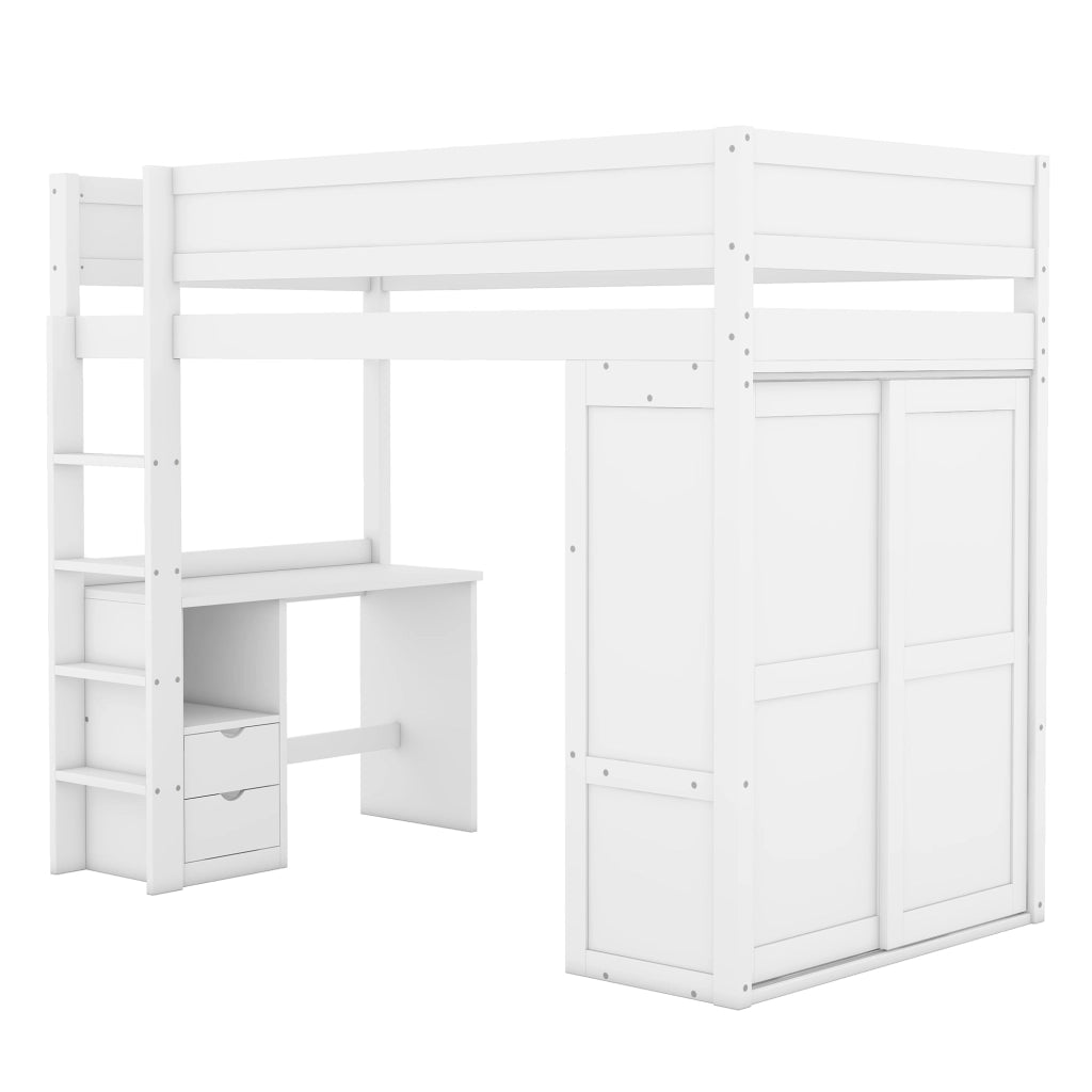 Letto a castello bianco in pino con scrivania armadio e cassetti 90x200 cm