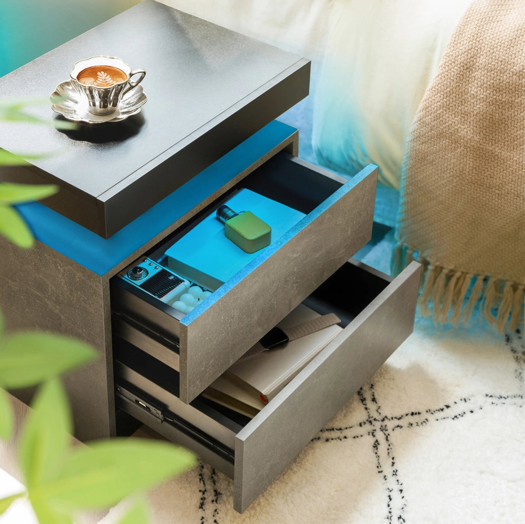 Comodino moderno grigio con luci LED regolabili e 2 cassetti per camera da letto