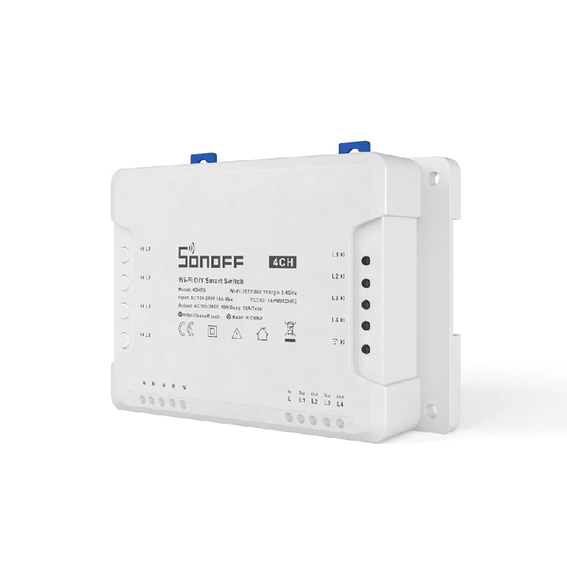 SONOFF 4CHR3  Canali Montaggio su barra DIN Interruttore Wi-Fi per Realizzazione Impianto Domotica Fai-Da-Te (Smart Home DIY), Controllo Remoto di Quattro Elettrodomestici Indipendenti