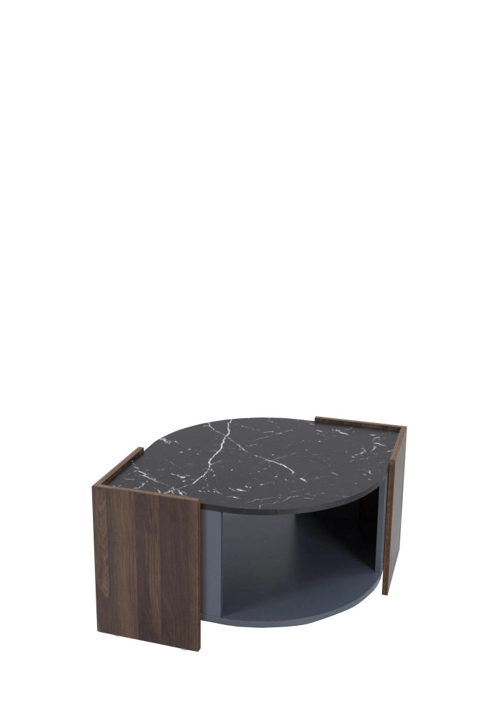 Tavolino da caffè effetto marmo nero e legno con vano contenitore, 96,5x63x40 cm