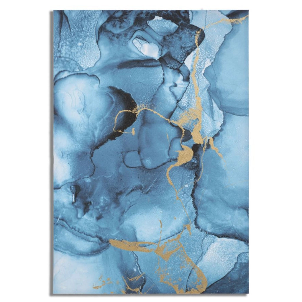 Stampa dipinta Blu Rey astratta effetto marmo blu e oro su tela 80x120 cm