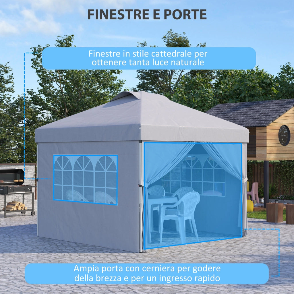 Gazebo Pieghevole 3x3 m con Altezza Regolabile su 3 Livelli, Finestre e Borsa di Trasporto, Grigio Chiaro