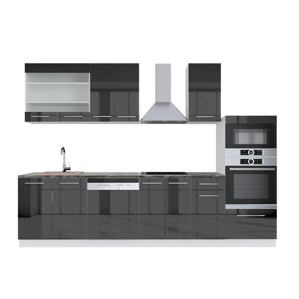 Cucina componibile Fame-Line Antracite lucido/Bianco 300 cm con armadio alto, PL Antracite Vicco