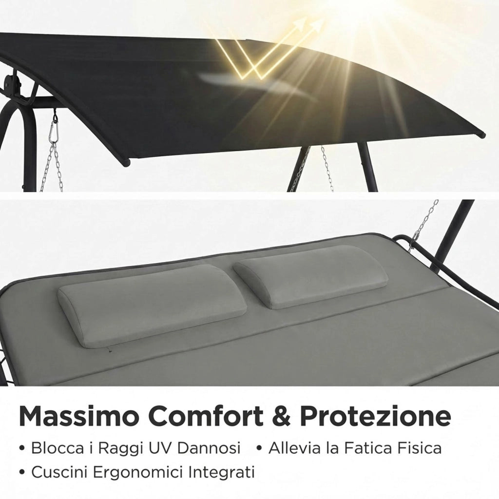 Dondolo Amaca Letto 2 Posti da Giardino con Tetto Parasole Struttura in Acciaio e Seduta Imbottita in Textilene per Terr