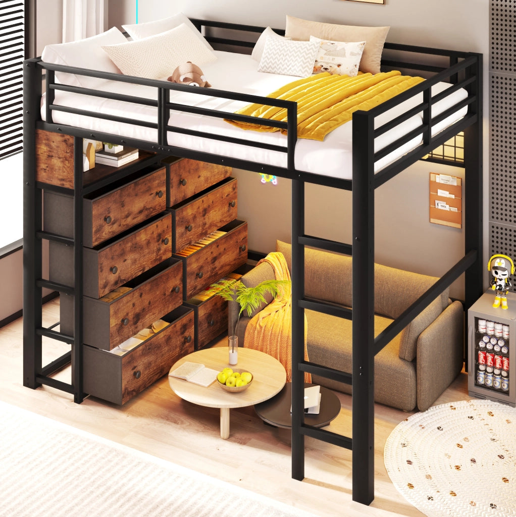 Letto a soppalco 140x200 cm con 8 cassetti, scaffali, pannello forato e LED