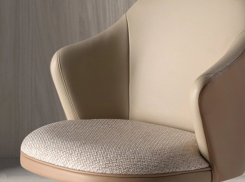 Sgabello girevole in tessuto crema screziato e similpelle marrone