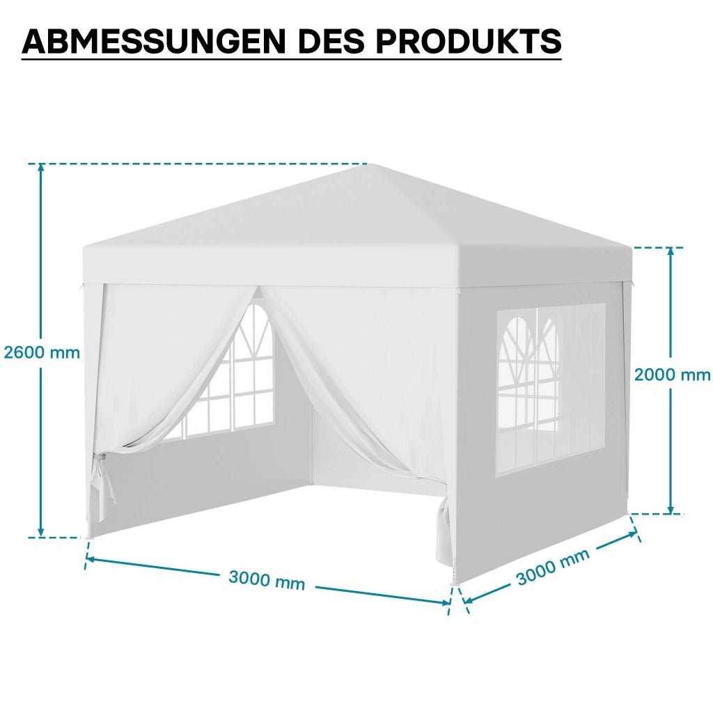 Gazebo 3 x 3 m in bianco con protezione UV 50+, tendone da giardino con lati rimovibili, tenda da festa con finestre, ad esempio per terrazze e festival