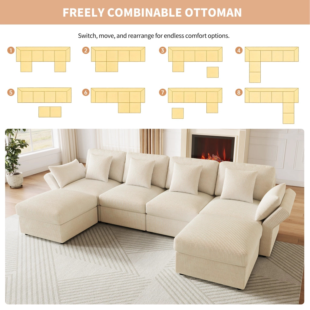 Divano angolare a U 4-6 posti con braccioli regolabili e pouf, in velluto a coste Beige