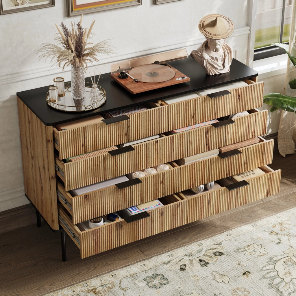 Credenza con 5 Cassetti; Rilievo Verticale; Piano Nero; Stile Moderno Nordico; in MDF; Naturale; 120??39;5??80 cm