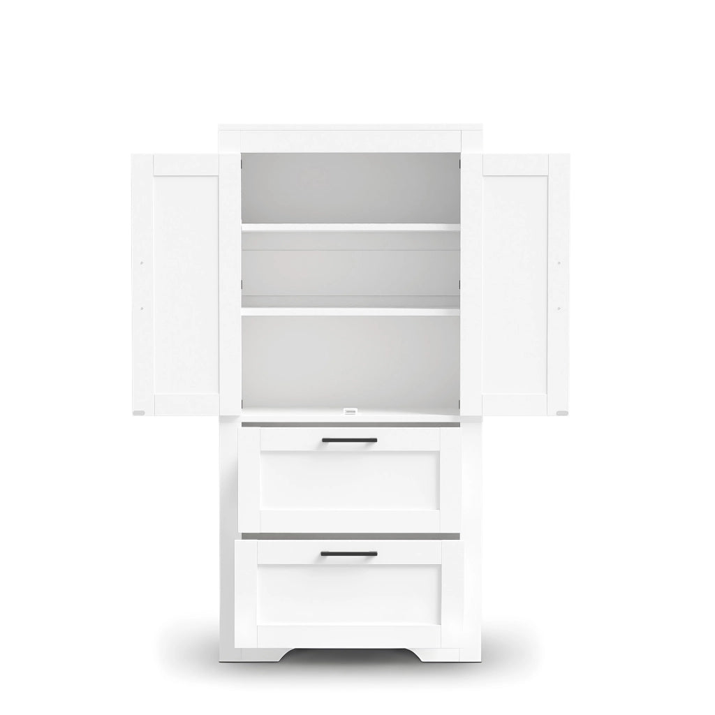 Credenza alta in stile rustico con ante effetto fienile, 2 cassetti, ripiani regolabili, colore bianco