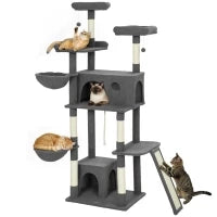 Albero tiragraffi con 3 letti, 2 piattaforme e 3 giocattoli sospesi, altezza 174 cm, Grigio