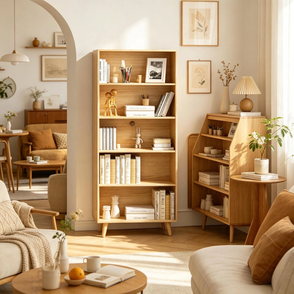 Libreria a 5 ripiani aperti in melaminico E1 con piedi in legno massello, 60 × 24 × 144 cm, color legno chiaro