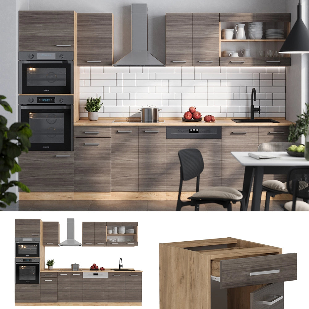 Vicco Cucina componibile Grigio nobile/rovere dorato 300 cm con armadio alto, PL Rovere