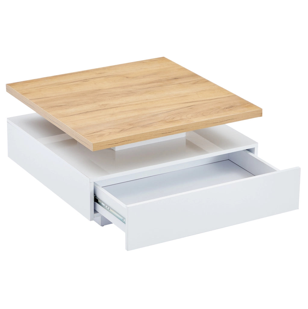 Tavolino da caffè quadrato girevole 360° con cassetto 70x70x36 cm in truciolare; noce e bianco lucido