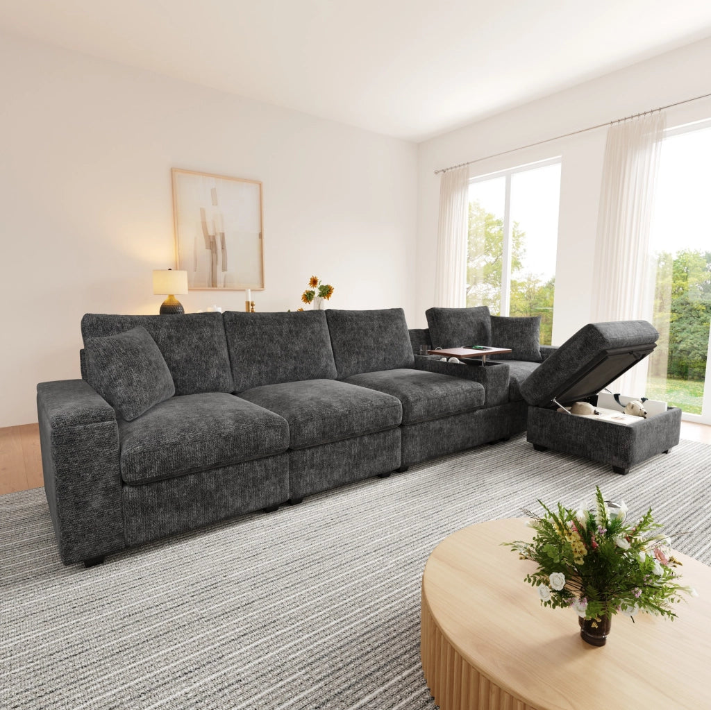 Divano modulare angolare 5-6 posti con pouf; tavolino girevole 360°; USB/Type-C; ciniglia grigia