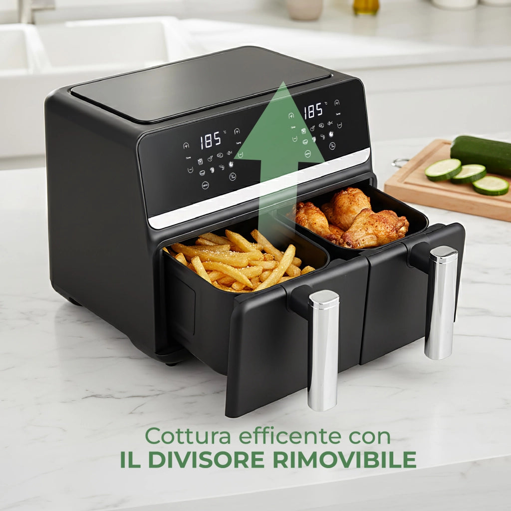 Friggitrice ad Aria 9L Doppio Cestello Digitale XXL, 2 Zone di Cottura Indipendenti, Display LED Touch, 8 Programmi, Temperatura Regolabile, 2400W, Nero 9 Litri - Nero