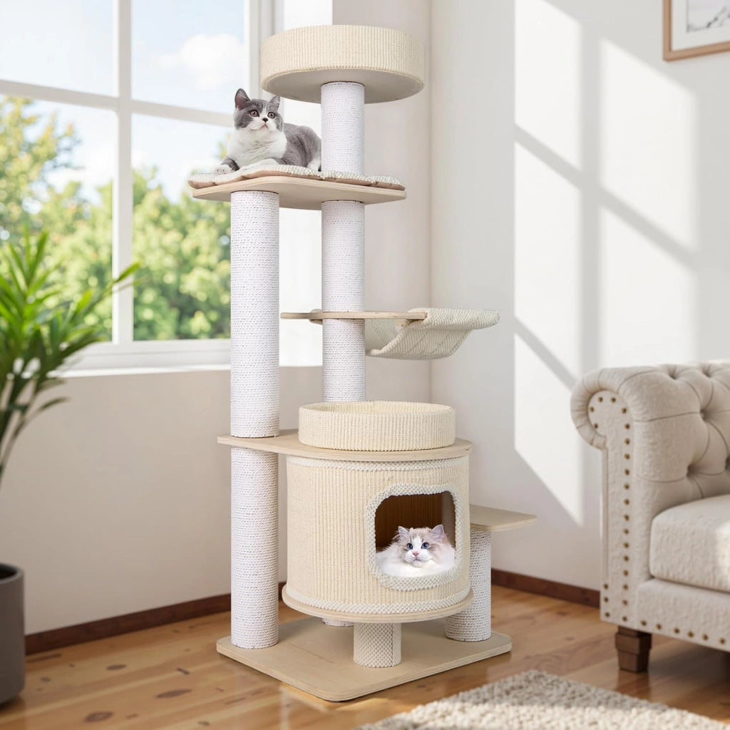 Albero per Gatti Alto 151 cm, Tiragraffi per Gatti con Comodo Poggiapiedi Imbottito, Condo a 2 Piani, Tappetini Morbidi Rimovibili, Posti Graffianti, Amaca Accogliente
