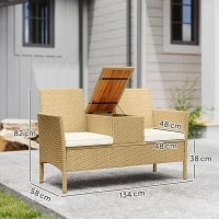 Panca da Giardino con Tavolino a Ribalta Portaoggetti, in Rattan e Acciaio, 134x58x82 cm, Crema e Cachi