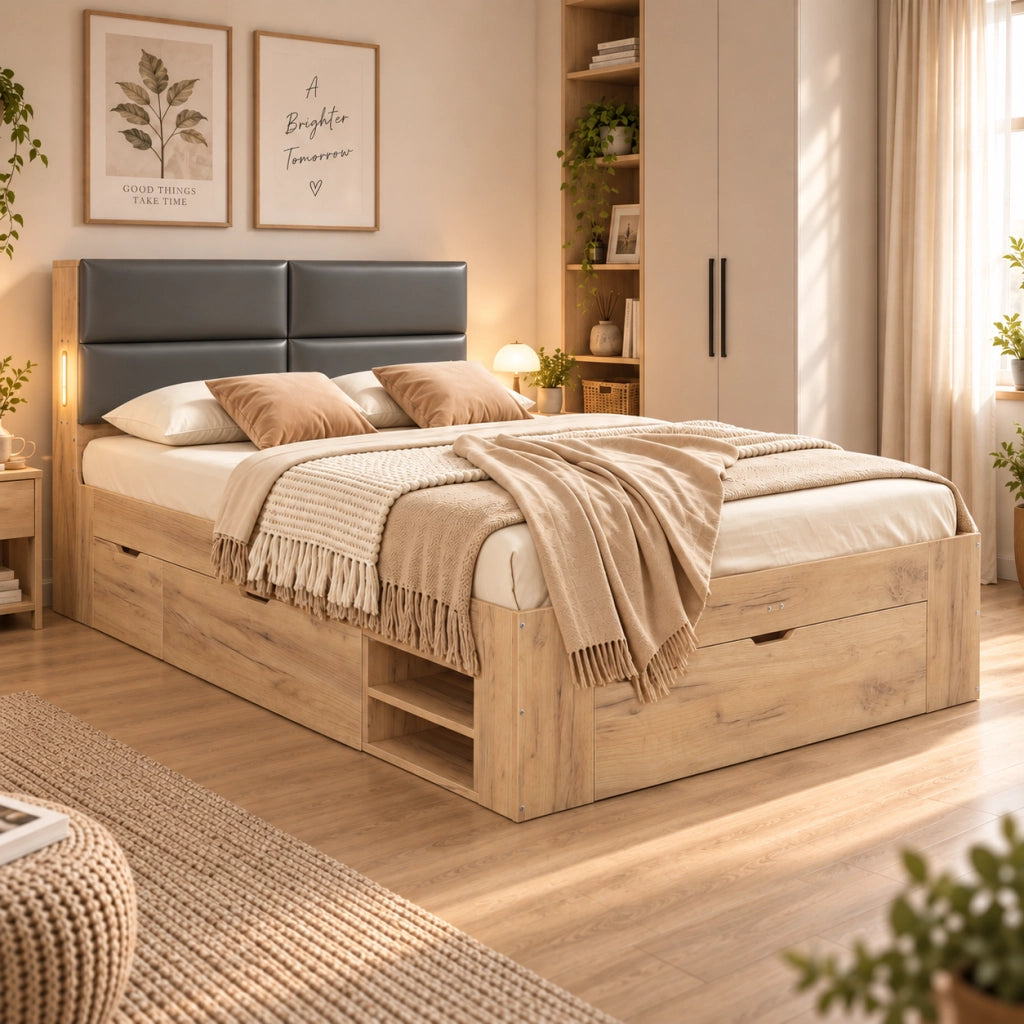 Letto contenitore 140x200 con luce USB USB-C e testiera imbottita in PU MDF naturale