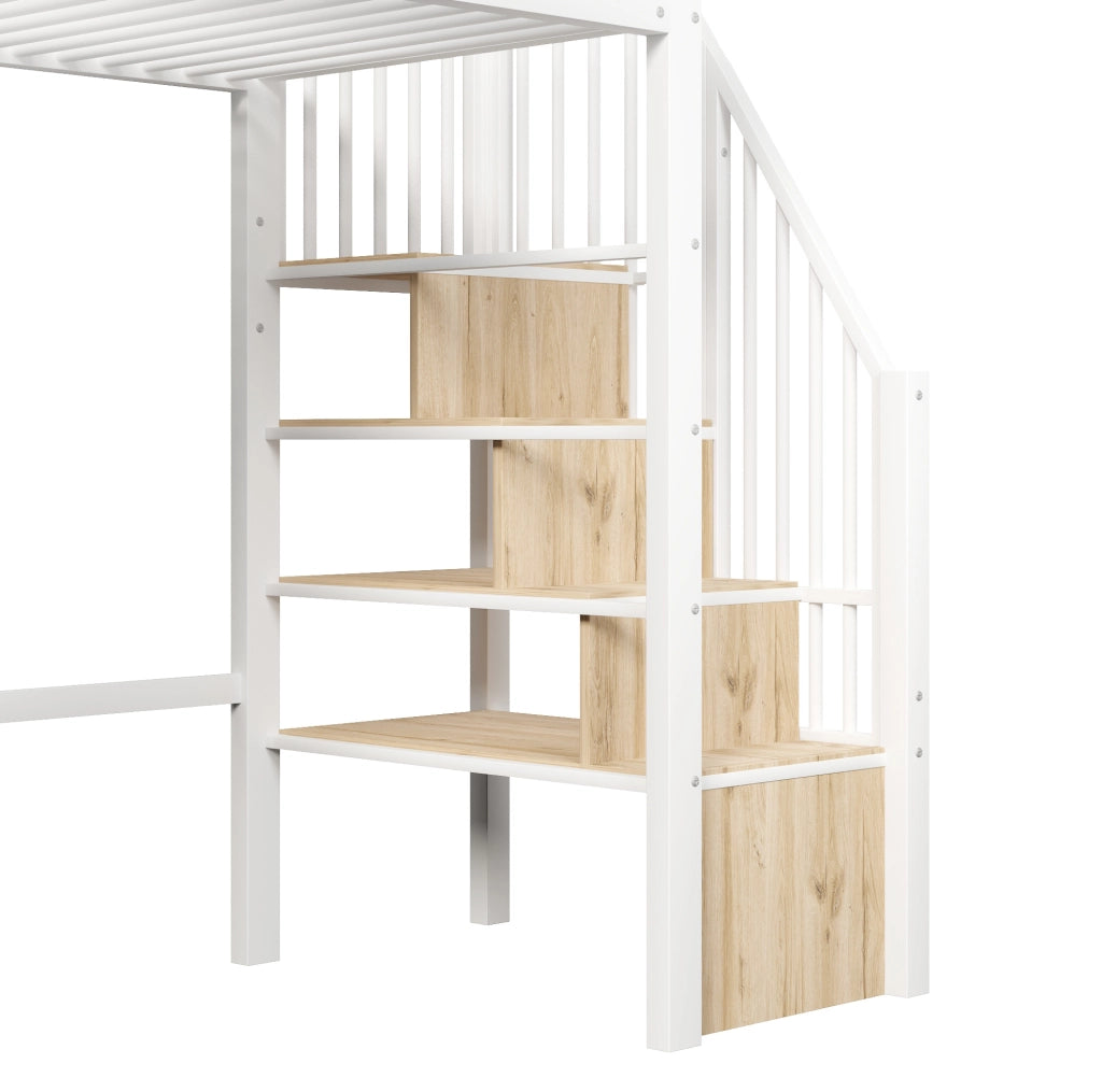 Letto a soppalco 90x200 cm in MDF e metallo; bianco; con scala contenitore e area gioco