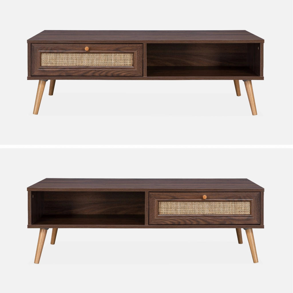 Tavolino scandinavo in vimini, 1 cassetto, marrone scuro