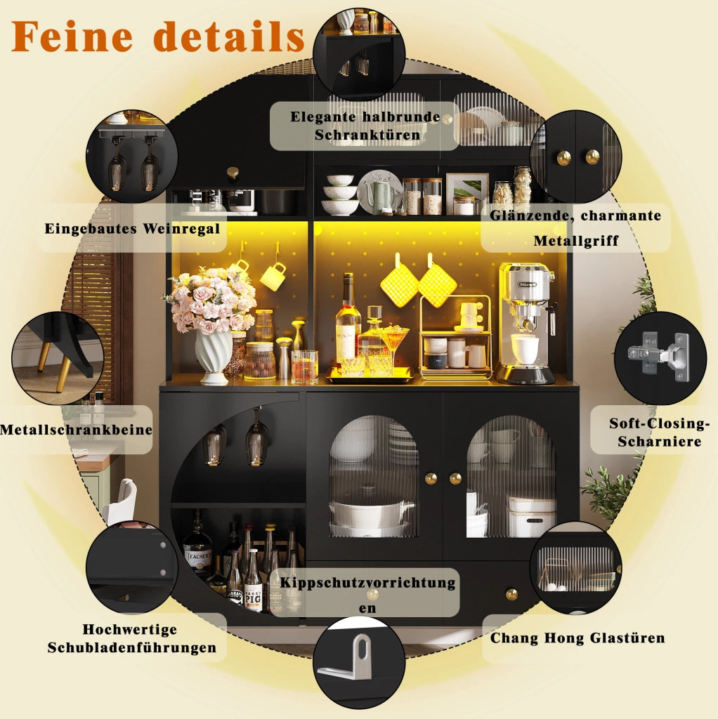 Mobile alto da cucina nero con LED, prese USB e portabottiglie