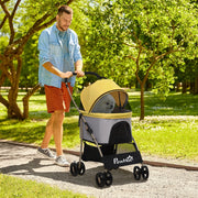 Carrello pieghevole 2 in 1 per cani e gatti con cesta e tasca, ruote con freno, guinzagli di sicurezza, acciaio, giallo