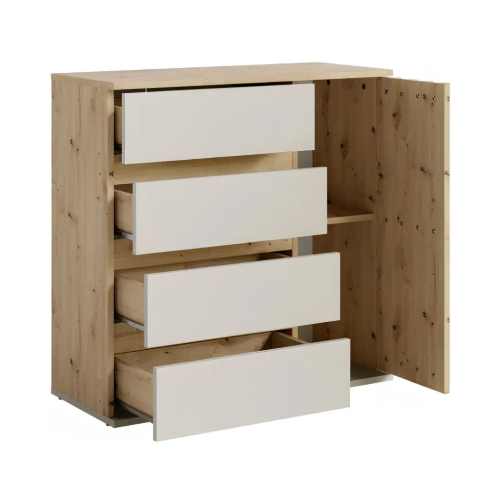 Set mobile da ingresso Mone con appendiabiti, specchio e cassettiera - Rovere chiaro e beige cachemire