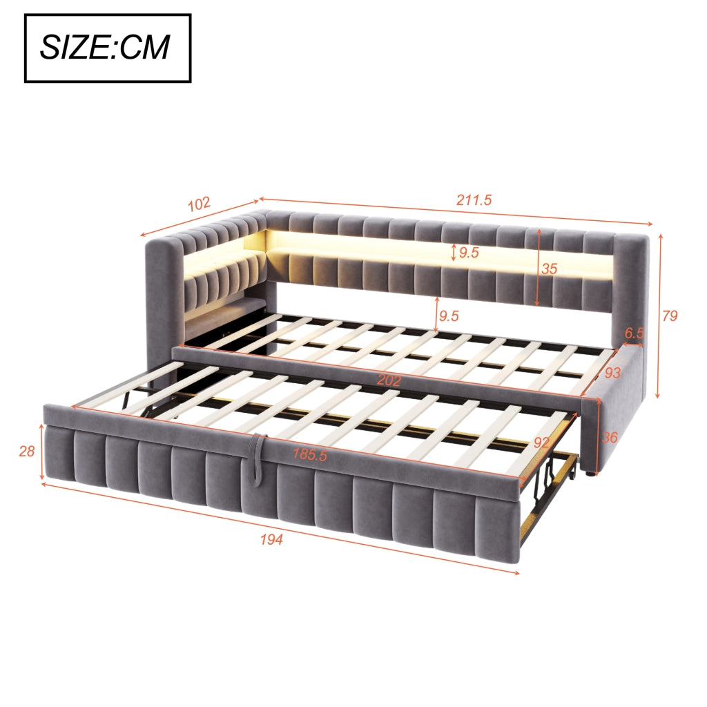OKWISH Letto a Scomparsa 90×200 cm, Letto Singolo con Letto Estraibile, USB, Type C, LED Regolabile e Vani, senza Materasso, Grigio