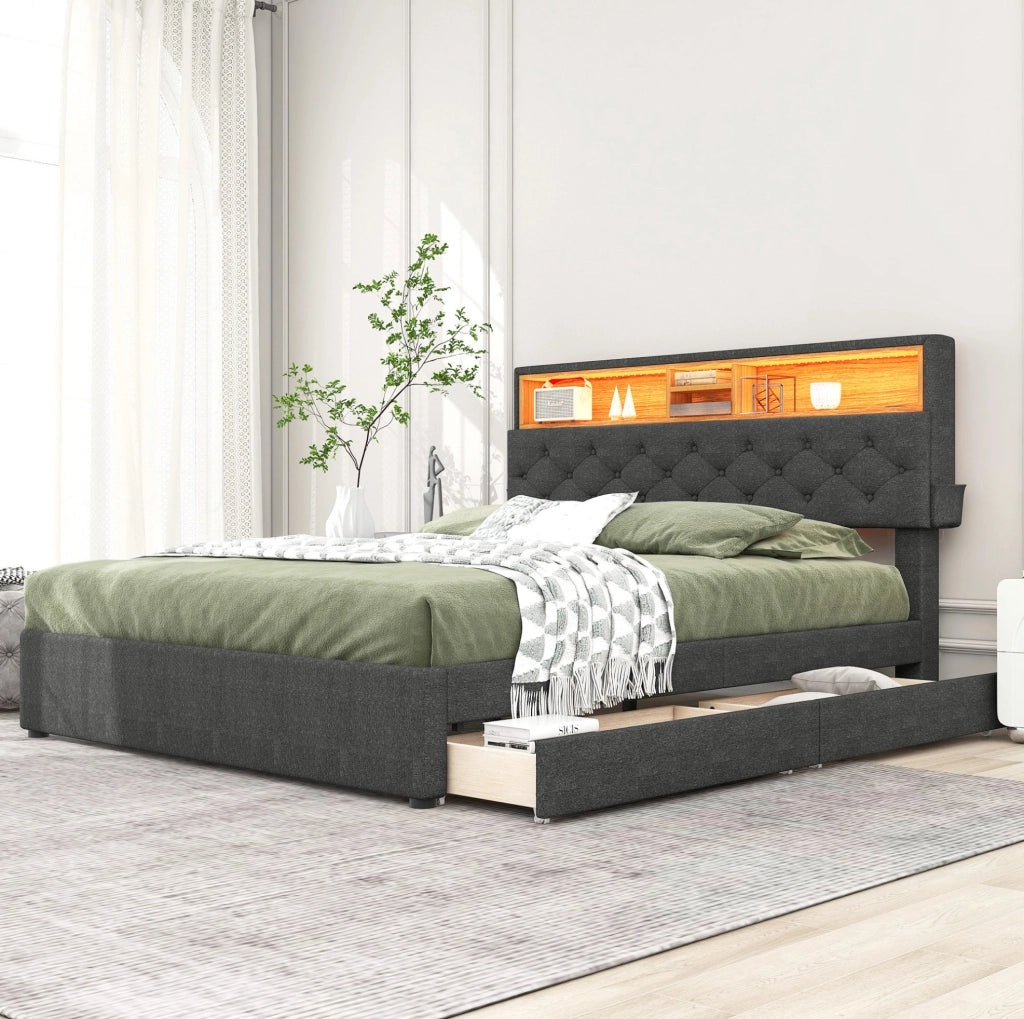 Letto matrimoniale con testiera regolabile; LED e USB; 2 cassetti; grigio 140x200 cm