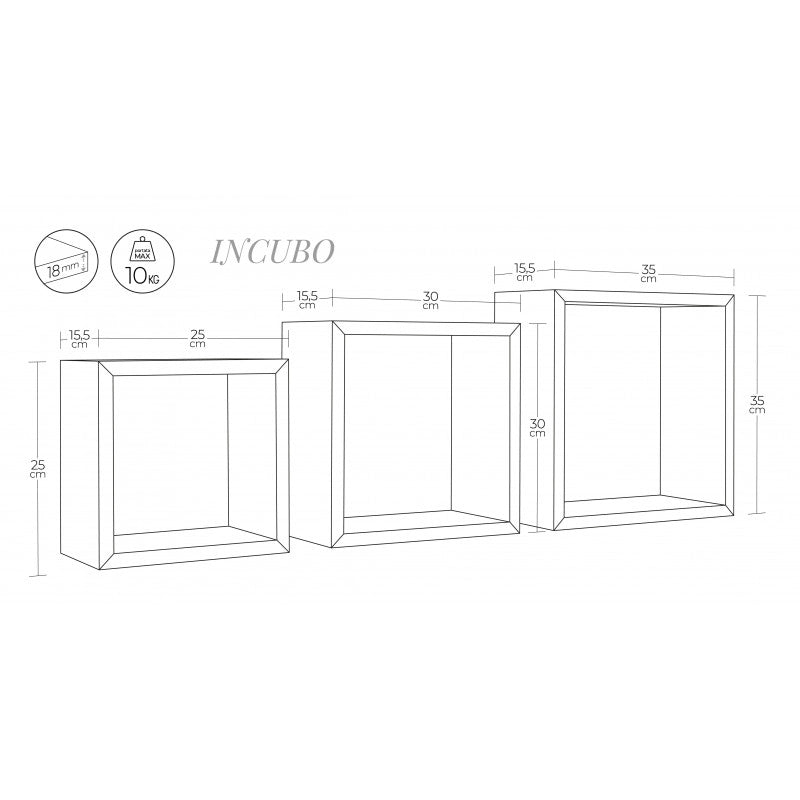 Set di 3 Mensole da Muro, Cubi Arredo, Mensole Cubo, Cubi da Parete, Rovere Sbiancato, 35x35, 30x30 e 25x25 p15,5 cm - Incubo