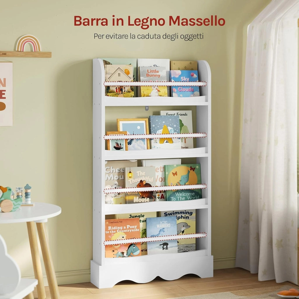 Libreria Montessoriana per Bambini, Scaffale Porta Libri Salvaspazio a 4 Ripiani, Piccola Libreria a Muro in Legno, per Cameretta, Stanza dei Giochi, 60x12x108cm