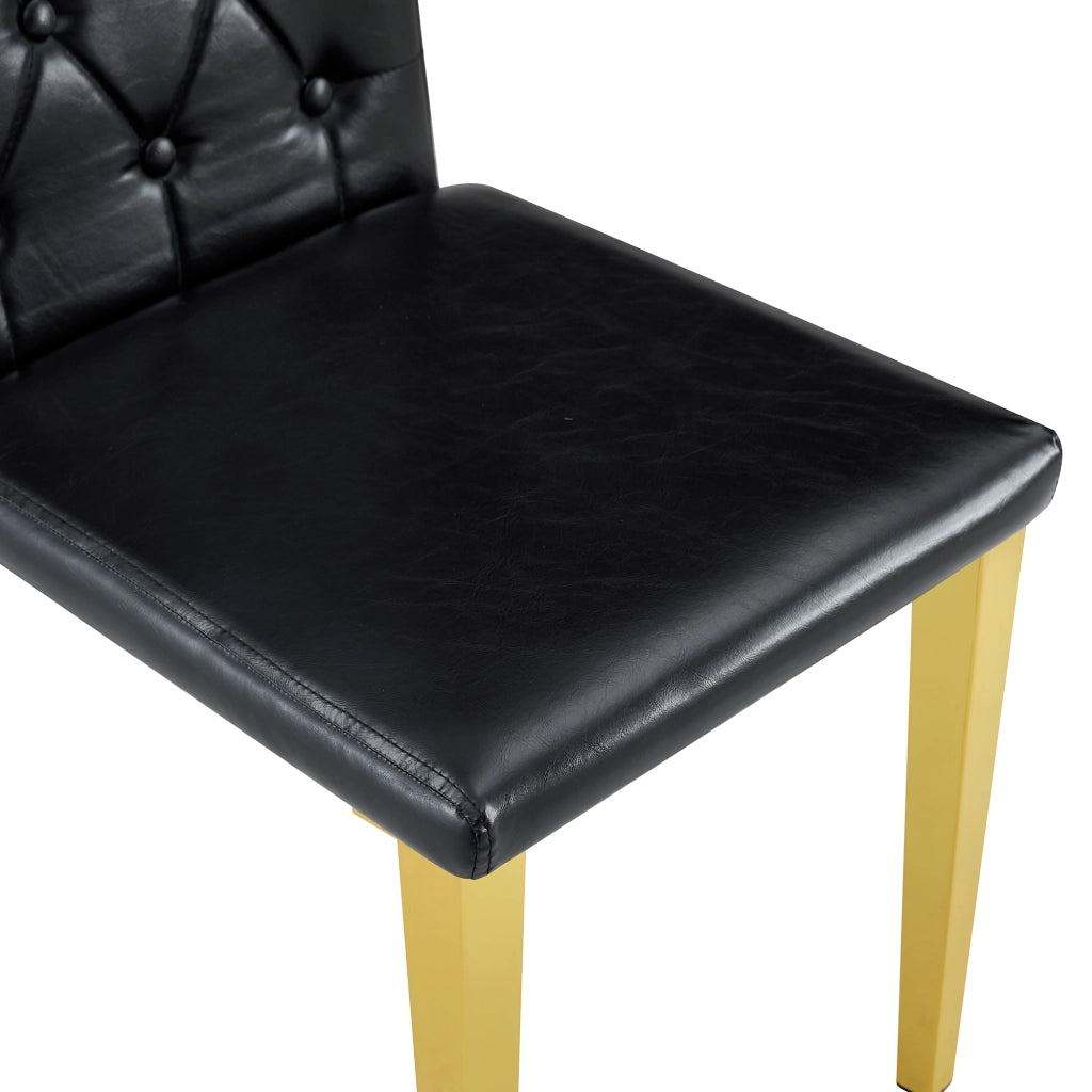 Tavolo da pranzo con 4 sedie in vetro temperato e metallo, nero e oro, diametro 85 cm, altezza 76 cm