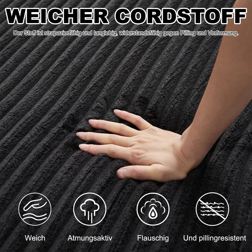 Divano letto modulare con pouf rimovibile, braccioli quadrati e configurazione flessibile in velluto a coste nero