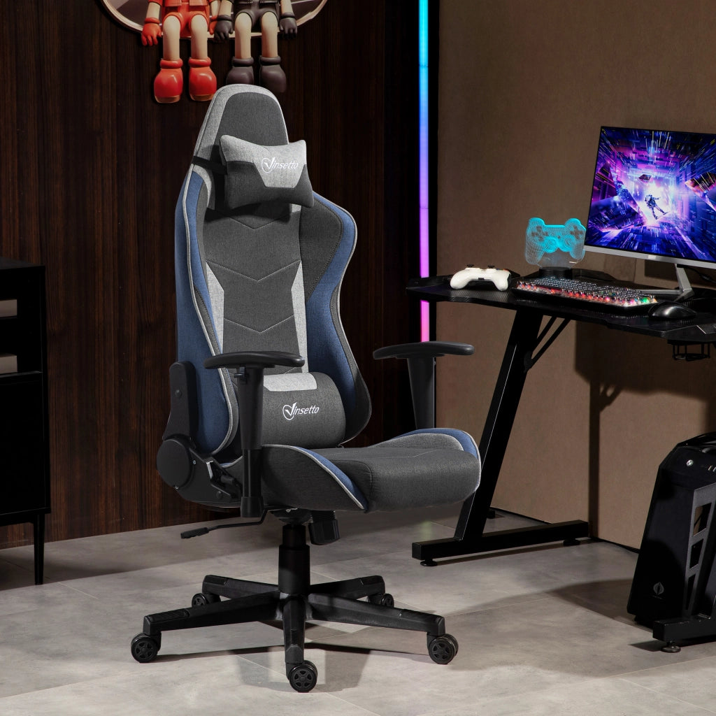 Sedia da Gaming Reclinabile a 150¡ã con Funzione Dondolo, in Tessuto Effetto Lino, 66x53x128-138 cm, Grigio