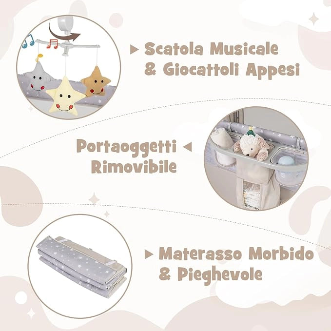 4 in 1 Lettino per Bambini con Materasso, Lettino Culla da Viaggio per Neonati, Culla Neonato con Fasciatoio, Box Portatile Pieghevole, con Ruote e Borsa, 125 x 65 x 119 cm (Beige)