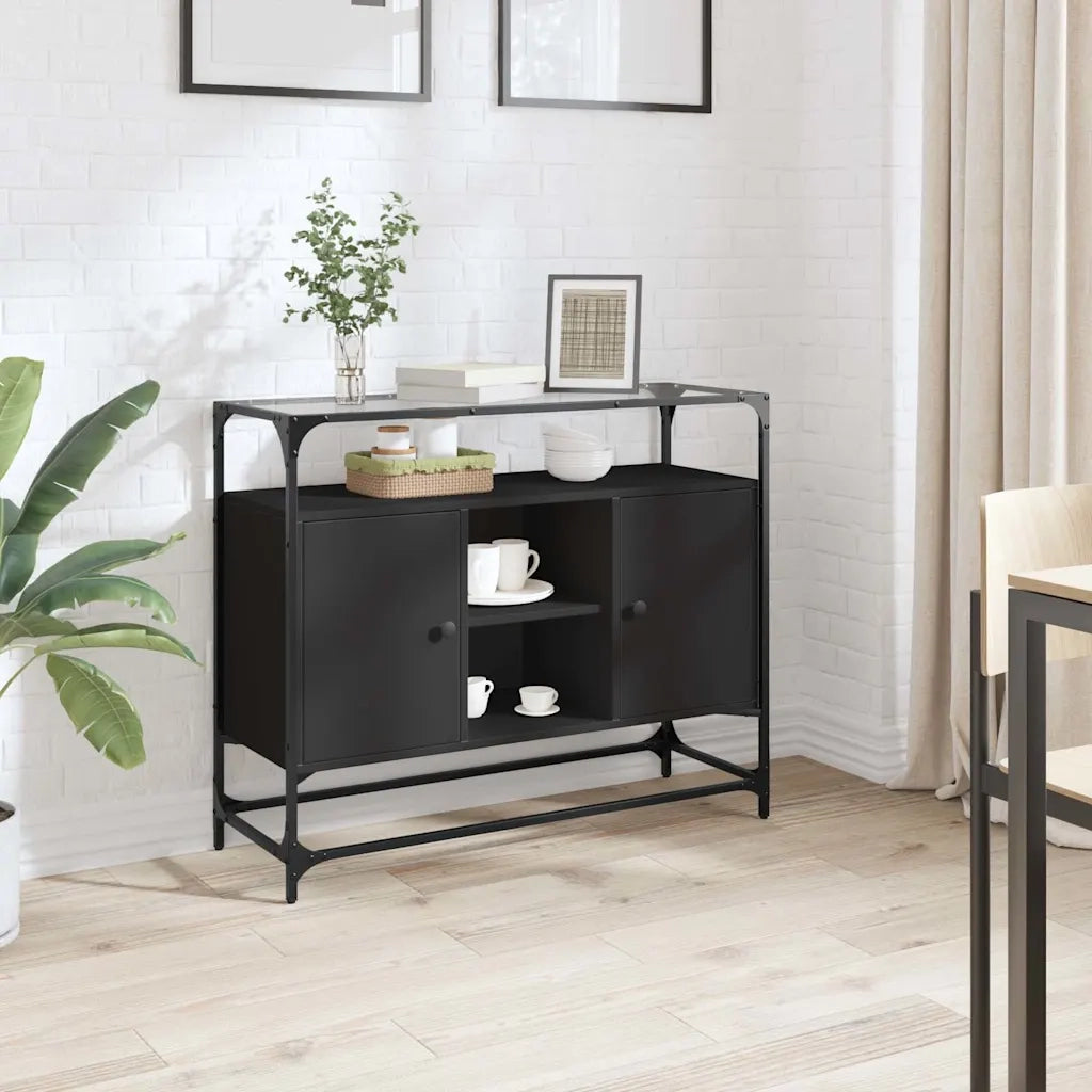 Credenza | Madia | Buffet da pranzo | Armadio da pranzo con Piano in Vetro Nero 98x35x81cm Legno Multistrato