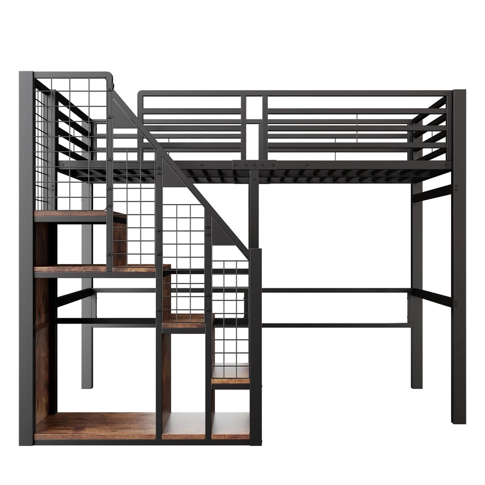 Letto a Soppalco con Scala di Sicurezza ¨C MINIMAL ¨C Singolo 90x200, Metallo, Nero